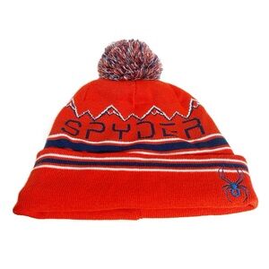 Spyder Orange Knit Beanie Pom Pom Winter Hat Mountain Design Embroidered Logo